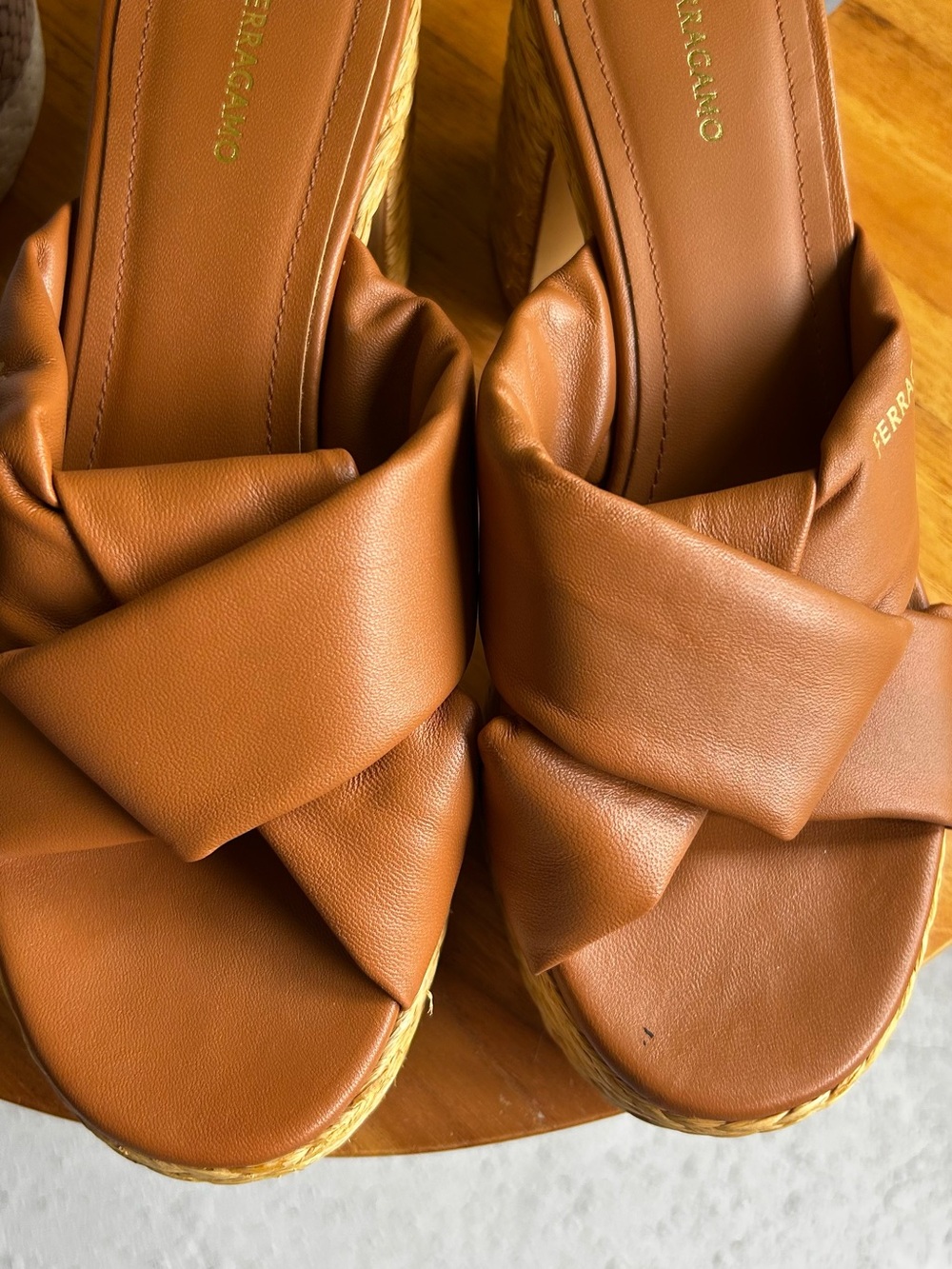Salvatore Ferragamo Douglas Tan Leather Wedge Sandals Size 7 - Picture 7 of 7
